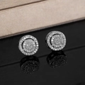 Close-up of luxury silver-tone round stud earrings with sparkling pavé cubic zirconia - Double Layer Circle Rhinestone Stud (12227)