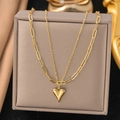Double-layered gold titanium necklace featuring a heart pendant and paperclip chain - Cross O-Chain Heart / Gold