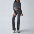 Women's 2-piece grey lounge set featuring a long sleeve crop top and wide-leg sweatpants - S / Dark Gray