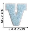 Detail showing 7cm light blue chenille letter V patch with dimensions and white border - Letter V / Light Blue