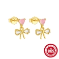 French style S925 sterling silver bow heart earrings with pink enamel and cubic zirconia - Gold #3