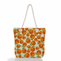 Close-up of summer beach bag with orange fruit print and durable rope handles - Light Blue Orange Flower Print (ms2018b)