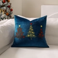 Christmas cushion cover in navy blue with stylized tree embroidery on a white sofa - Navy Blue Three Christmas Trees/Navy Blue