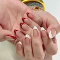 Unghie finte a mandorla con fiocchi rossi, pois bianchi e delicati motivi in pizzo francese - Stile Francese Fiocco a Pois Rosso Bianco(AW540)