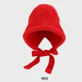 Cute red winter knitted earflap hat with tie ribbons and soft textured yarn - M (54-58cm) / Red