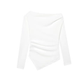 White long sleeve asymmetric top with ruched side and diagonal hem on plain background - S / White