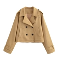 Dames korte kaki trenchcoat met dubbele rij knopen, reverskraag en mouwbandjes - XS / Khaki