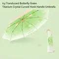 Automatic long handle sun umbrella with green butterfly pattern and curved metal grip - Ice Green Butterfly Style with Sleeve