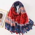 Ethnic style long shawl with red and blue floral patterns and tassel trim details - C1217 Ethnic Red Blue Contrast Floral