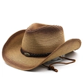 Détail du chapeau de cowboy en paille avec bande en cuir et emblème de taureau - M (56-58cm) / Khaki Café Dégradé