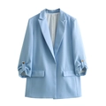 Detail of light blue blazer showing notched lapel and gathered cuffs with buckle straps - S / Sky Blue