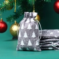 Detail of grey linen Christmas gift bag with white tree prints and drawstring closure - 10*14cm / Grey Base Christmas Tree