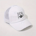 Detailed embroidery of DOG MOM with a paw print on a distressed white mesh ponytail cap - One Size / White
