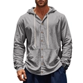 Men's loose grey linen hooded long sleeve shirt with kangaroo pocket and drawstring - S / Tops / Gray