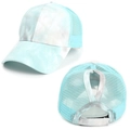Light blue tie-dye mesh baseball cap with ponytail hole design for women - Cyan