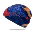 Navy blue multi-functional slouchy beanie with colorful star and heart knit patterns - Navy Blue with Red Yellow Blue Pattern
