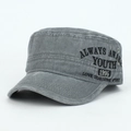 Detailed side view of grey cotton cadet cap with vintage black text embroidery - Gray