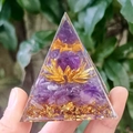 Crystal energy pyramid with purple amethyst, golden lotus, and resin finish - Purple Ball Amethyst / Small