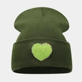 Army green ribbed knit beanie with light green heart patch and gold embroidered border - Army Green