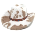 Cow print cowboy hat with turquoise stone and silver accents on a leather band - M (56-58cm) / Creased Flat Top / Khaki