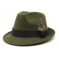 Classic olive green wool fedora hat with black ribbon and decorative feather detail - M (56-58cm) / Army Green
