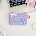 Detail of pearlescent lavender quilted makeup bag with satin and gingham bows - Light Purple Plaid