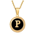 Classic gold stainless steel necklace with round black P letter charm on white background - Gold P (With Chain)