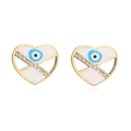 Detail view of heart-shaped evil eye stud earrings with gold plating and blue enamel - Blue Heart / Gold