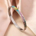Silver stainless steel bangle featuring colorful geometric enamel inlays on satin background - 6mm Enamel / Morandi Geometric (A698)