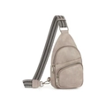 Light grey textured PU leather crossbody chest bag with vintage patterned wide strap - Gray
