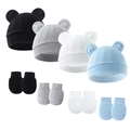 Infant cotton knit hat and glove set with cute round ears in four assorted colors - Multi-Pack Hat And Mittens / Black, White, Gray And Sky Blue