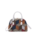 Fashionable crossbody bag with multicolor 3D geometric patchwork and white handles - White