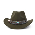 Détails du chapeau de cowboy en feutre vert olive avec perles bohèmes et pierre turquoise - M (56-59cm) / Vert Armée Gland Ethnique