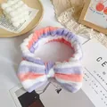 Pink and purple striped plush headband with large bow for skincare and washing face - Pink Purple White Stripe