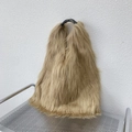Y2K style large faux fur tote bag in light brown plush with black handles - Khaki