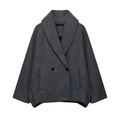 Short double-breasted grey wool coat for women with shawl collar and black buttons - XS / Black