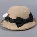 Breathable straw sun hat with black satin ribbon and bow accent for summer outings - M(56-58cm) / Beige