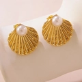 Elegant gold seashell stud earrings featuring a central white pearl in minimalist design - Gold Pearl Shell Studs