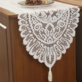 White lace Christmas table runner with intricate floral embroidery and decorative tassels - 33cm*114cm / Beige Begonia