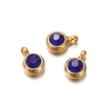 Close-up of three golden pendant settings with faceted blue zircons and hanging loops - 10 Pieces per Pack / Gold Border Royal Blue Stone