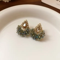 Vintage gold earrings with champagne crystal and teal beads on white ceramic tray - Silver Needle Rhinestone Water Drop Earrings - Gold Blue (44#)