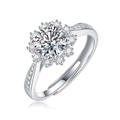 Silver moissanite ring with round sunflower cut design and adjustable open band - Adjustable Open / Sunflower Shaped Style (R12679-6.5mm/1 Carat)