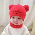 Infant winter knit hat and scarf set in vibrant red with cute double pom-poms - One Size / Bear Style / Red