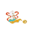 Detail of white cat enamel pin in Tang style playing flute with gold back pin fastener - Cat Playing Flute