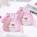 Pink drawstring Christmas gift bag featuring a 3D Santa Claus applique in soft velvet - Pink Santa