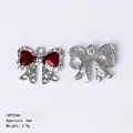 Silver bow metal pendant with red enamel heart detail for DIY jewelry making 18x22mm - 84430 Red