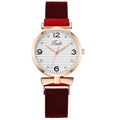 Detail of rose gold case with textured white dial and crystal markers on a mesh watch - Red