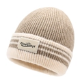 Bonnet en tricot rayé beige et marron clair unisexe avec un écusson en cuir PineCrest - Taille unique / Beige Foncé
