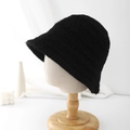 Close-up of black plush knit bucket hat on mannequin with fuzzy faux fur texture - Adjustable / Black