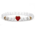 White cat eye stone beaded bracelet with red enamel heart pendant and golden spacers - Red Heart / White